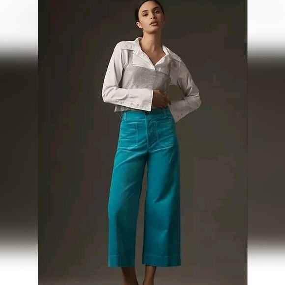 AnthropologieThe Colette Crop Wide Leg Corduroy Pants Jeans Turquoise Sz 23 - Picture 1 of 9